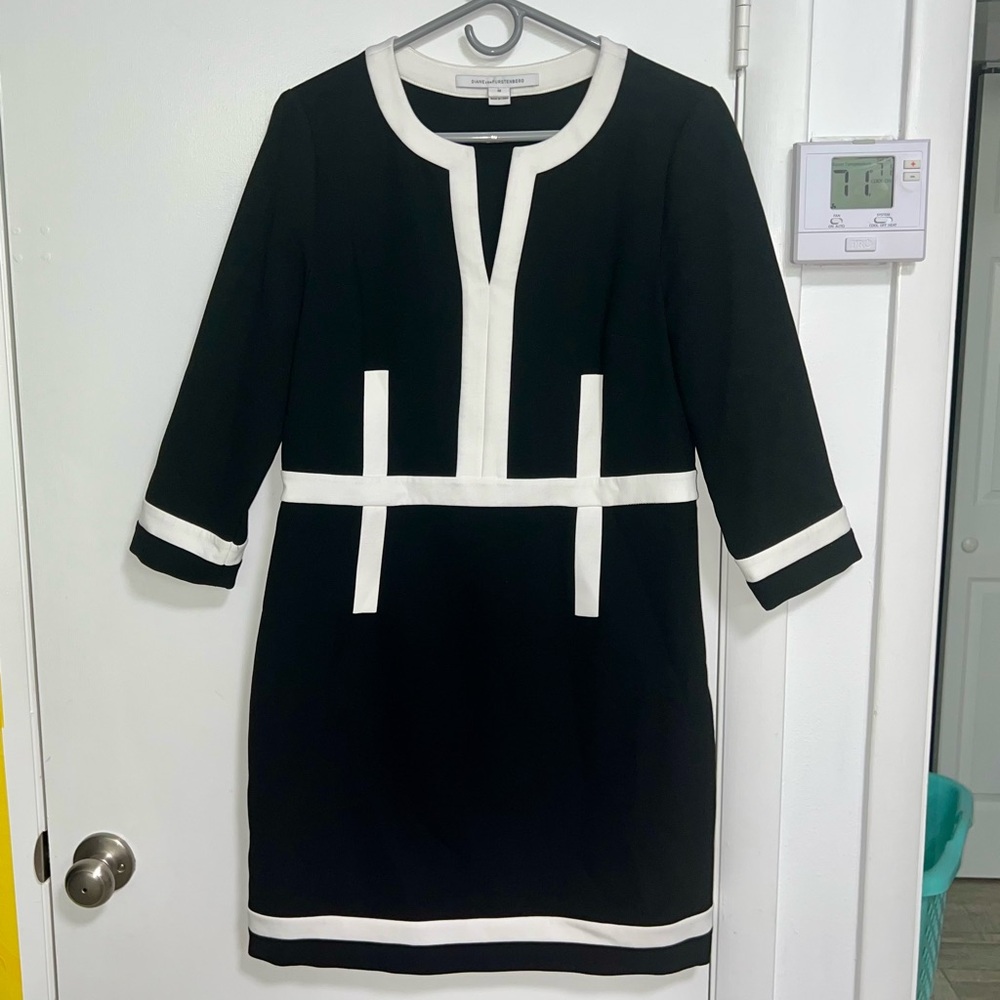 DVF Diane Von Furstenberg PETRA 3/4 Sleeve Colorblock Dress Black White size 10